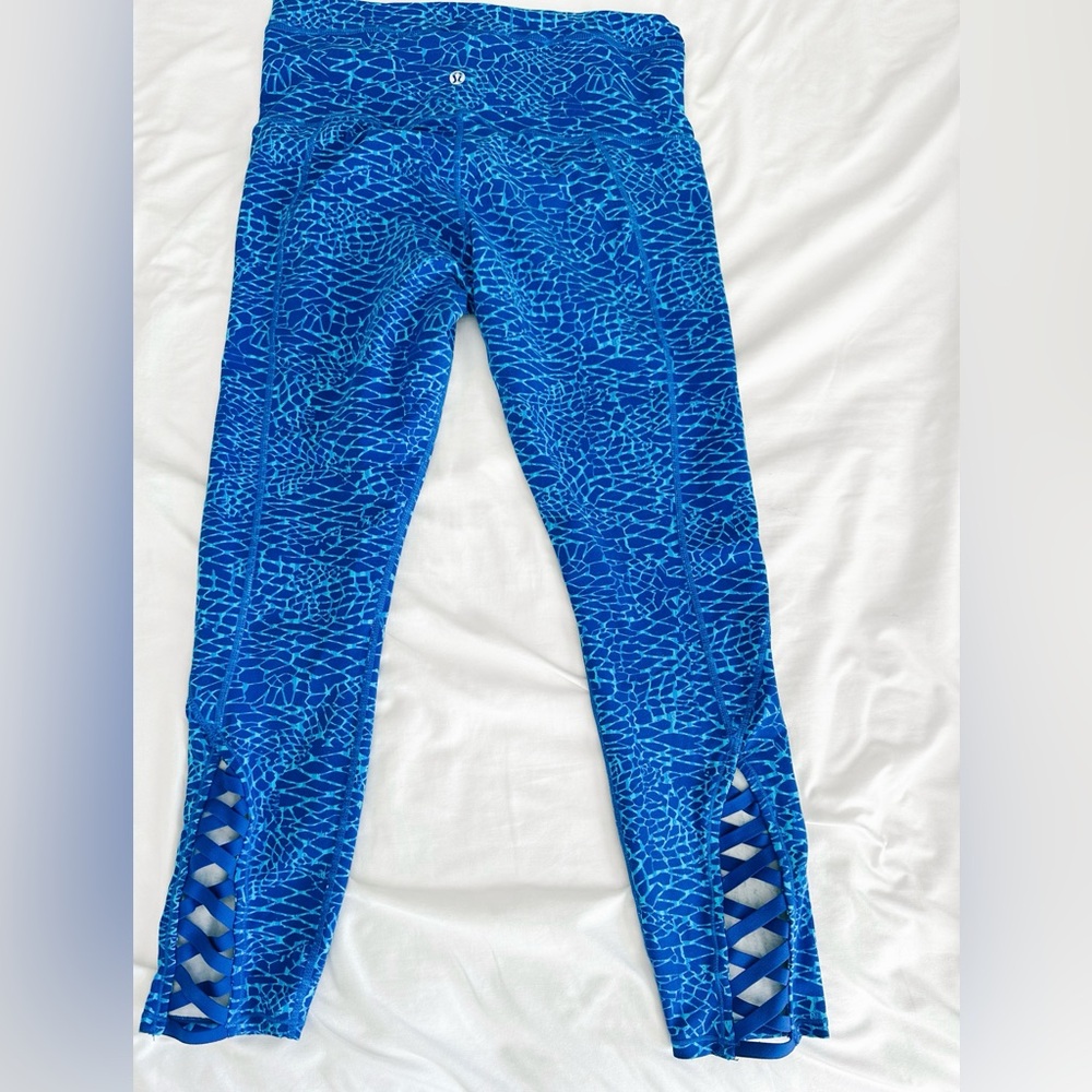 lululemon athletica Blue Patterned Leggings with Lattice Ankle Detail